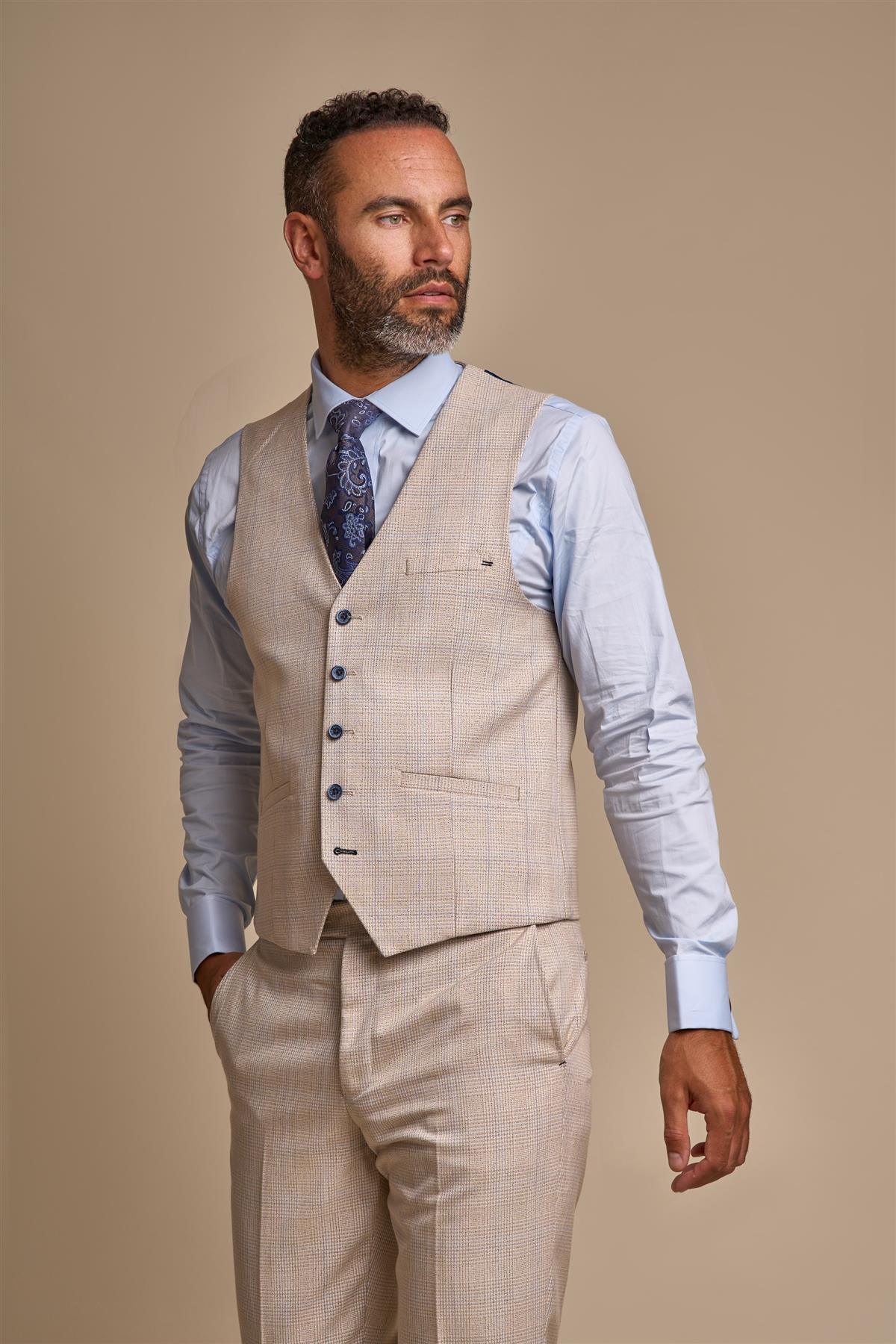 Caridi Beige Regular Check Three Piece Suit