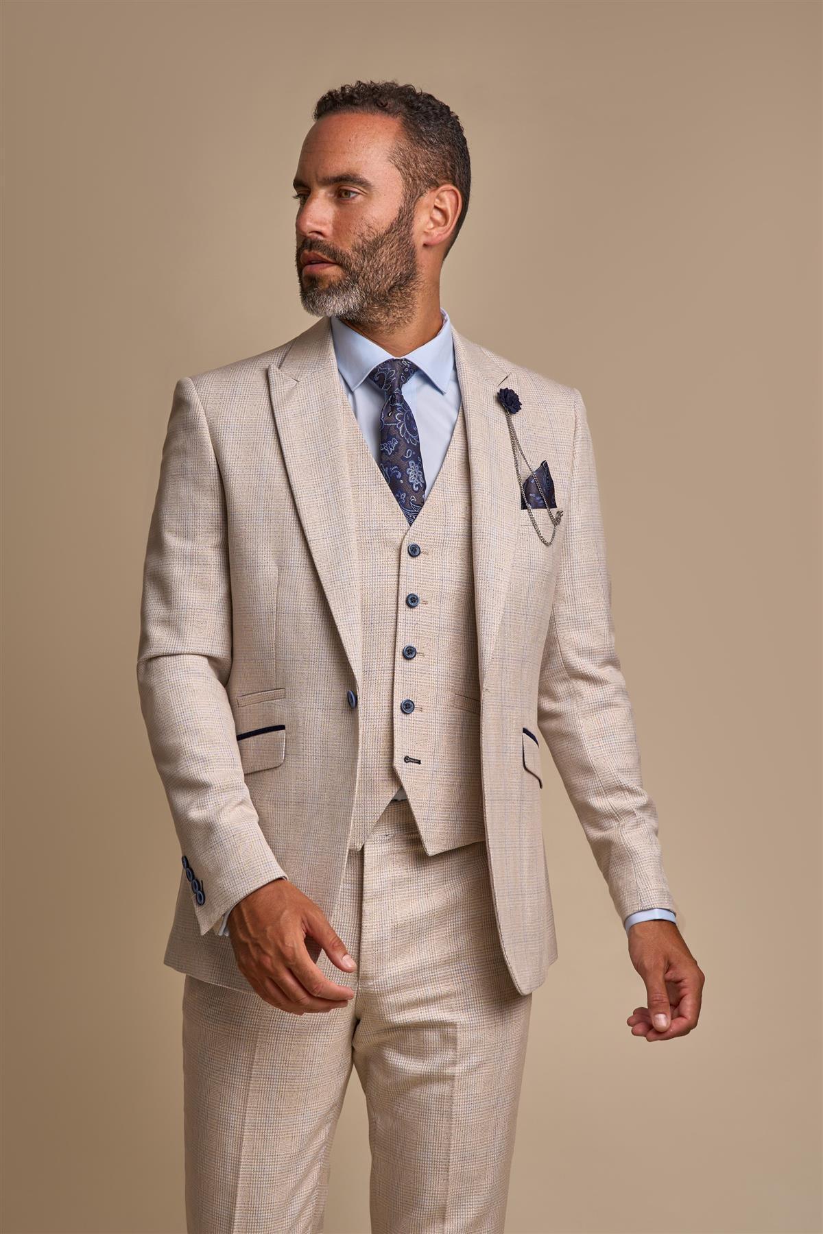 Caridi Beige Regular Check Three Piece Suit